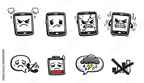 Cartoon phones and emoticons depicting digital frustration and low battery