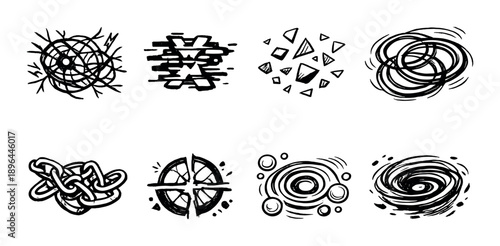 Hand-drawn abstract black and white shapes on gray background