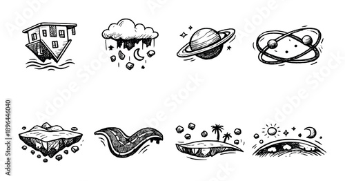 Illustrated icons of cloud, saturn, atom, and abstract landscapes on black background