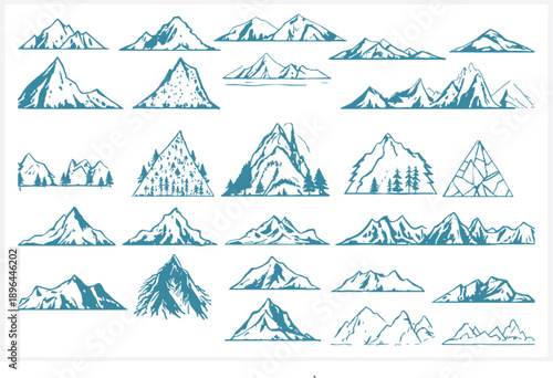 Collection of various mountain ranges in blue sketch style