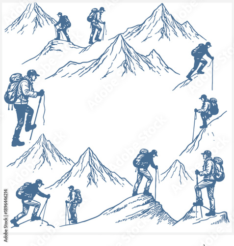 Hikers climbing mountains in various poses around circular border