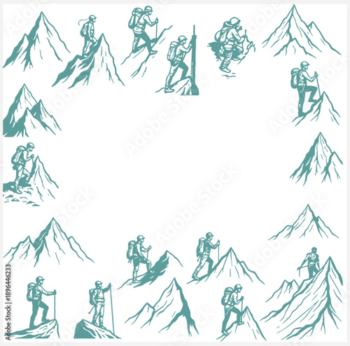 Hikers and mountain climbers in various poses on rugged terrain