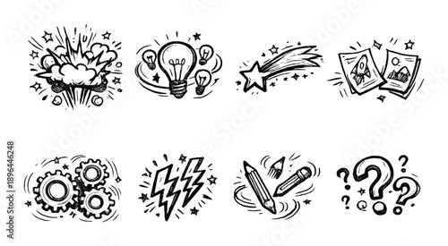 Set of eight creative doodle style icons with various themes on dark background