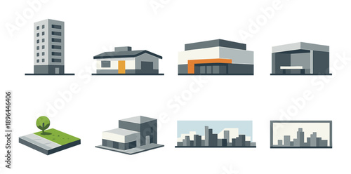 Modern city and suburban building icons on metallic background