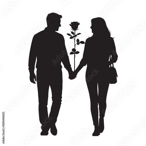 Romantic Silhouette of Couple Walking with Rose