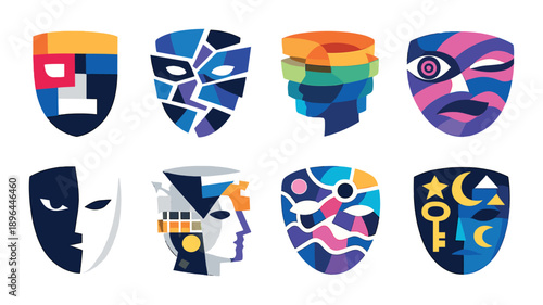 Colorful abstract masks with geometric patterns and vibrant neon highlights