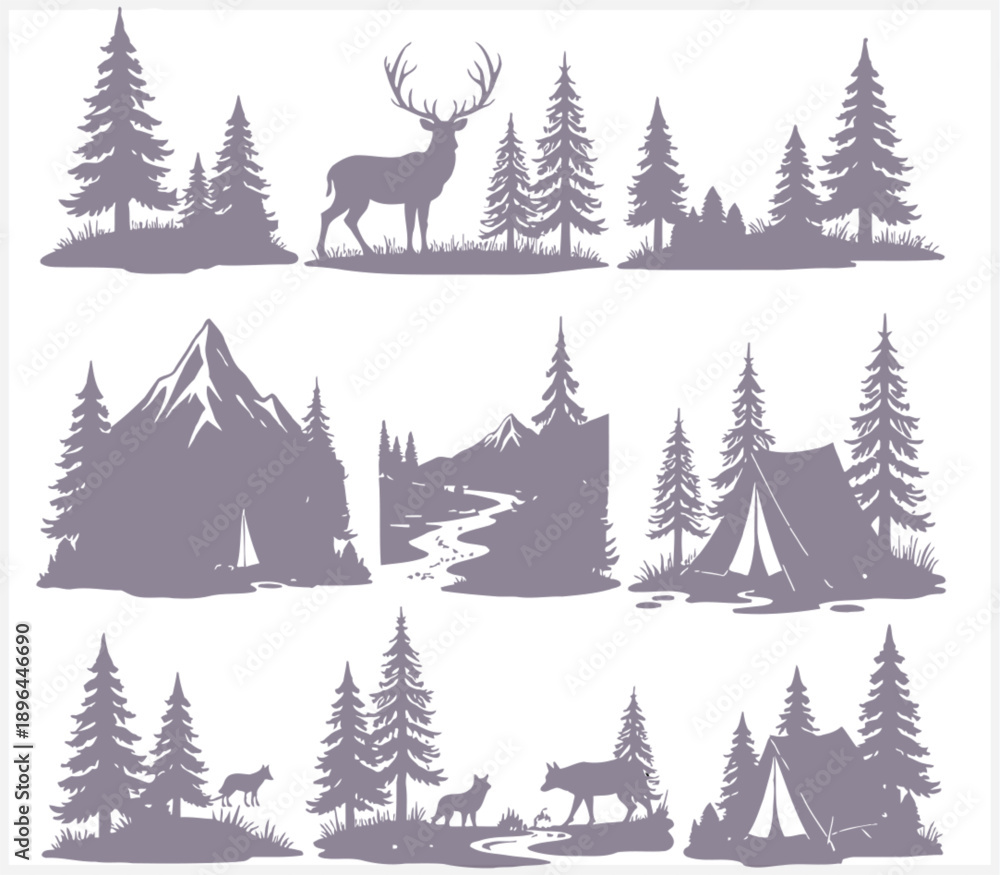 Fototapeta premium Deer and trees silhouettes in forest landscape scenes