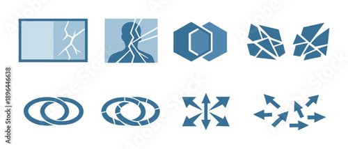 Blue geometric shapes on dark background with silhouetted figures