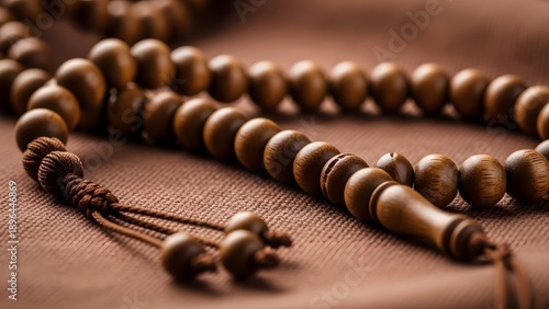 Close-up on Islamic prayer beads, also known as tasbih, on a textured brown surface, symbol of devotion