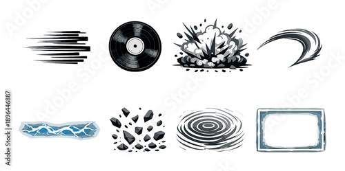 Dynamic abstract elements with vinyl record and explosive patterns