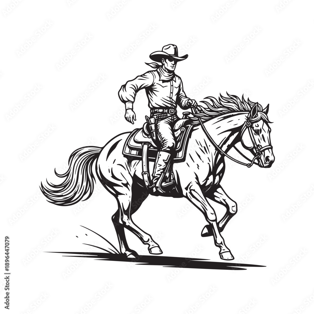 Fototapeta premium Cowboy riding a horse in a dynamic pose with a hat on white