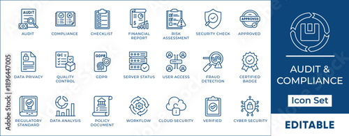 Audit Compliance Business Report Line Icon Set Editable Stroke Vector