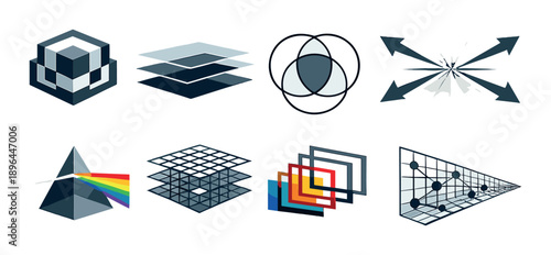 Abstract geometric and technological icons with prism and spectrum effects