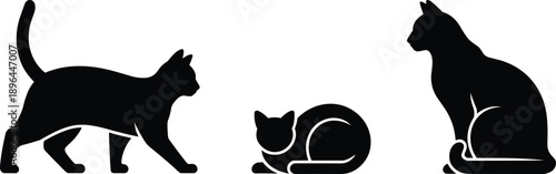 Cartoon silhouette illustration of three cats in walking, resting, and sitting poses, showcasing feline behavior and posture variety.