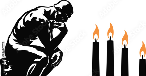 Cartoon silhouette illustration of thinker figure beside four lit candles, symbolizing introspection, enlightenment, and philosophical reflection.