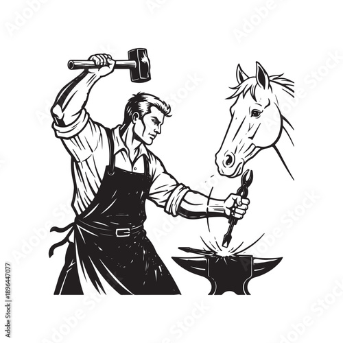 Blacksmith working on horseshoe with hammer and anvil in workshop