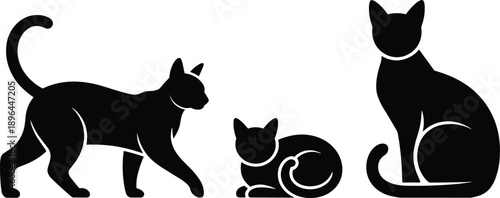 Cartoon silhouette illustration of three cats in walking, resting, and sitting poses, showcasing feline elegance and posture variety.