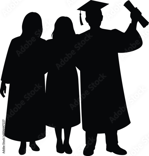 Cartoon silhouette illustration of three graduates in gowns and caps celebrating academic achievement with diploma and group pose.