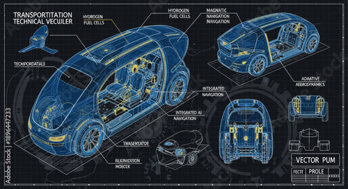 Car Blueprint Technical Drawing Schematic.