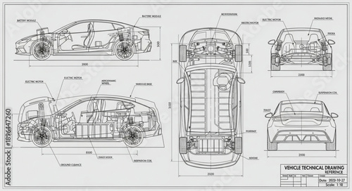 Car Blueprint Technical Drawing Schematics.