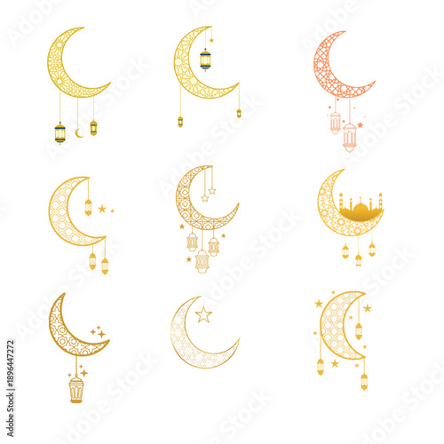 Ramadan hanging crescent moon decorative vector set with stars and lanterns in golden flat style.