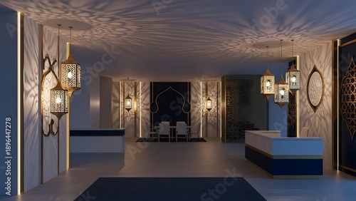 Modern islamic interior design with geometric lanterns and subtle ambient lighting