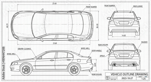 Car Blueprint Technical Drawing Schematics.