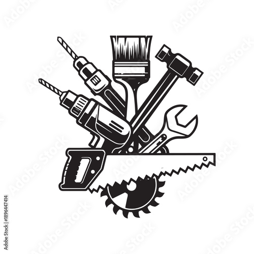 Collection of various hand tools and equipment for construction and repair isolated on white background