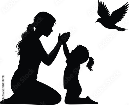 Cartoon silhouette illustration of woman and girl kneeling in prayer with bird overhead, symbolizing spirituality, guidance, and generational connection.