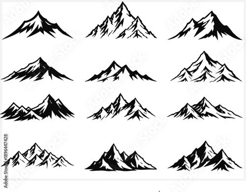 Collection of various mountain peaks and ranges in simple line art style