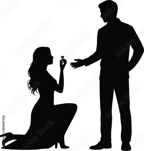 Cartoon silhouette illustration of woman proposing marriage with ring to man, reversing traditional roles in romantic gesture.