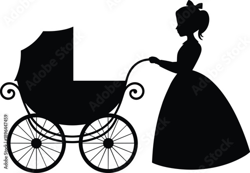 Cartoon silhouette illustration of woman in vintage dress pushing classic baby carriage with spoked wheels and canopy.