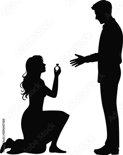 Cartoon silhouette illustration of woman proposing with ring to surprised man, depicting modern romantic gesture and role reversal.