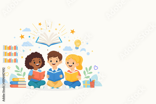 Kids reading books illustration with happy children learning together education concept background for school library kindergarten study and knowledge growth design.ai