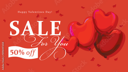 Valentine sale vector banner, horizontal sale banner with hearts, St. Valentine's discount