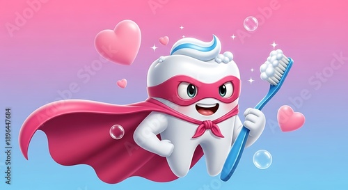 Cartoon Tooth Superhero with Toothbrush and Cape.