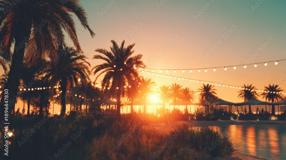 Obraz premium Palm trees glow in sunset light at seaside location with bright string lights