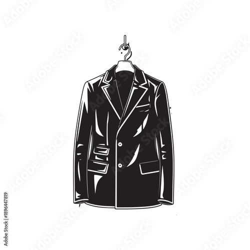 Black blazer jacket hanging on a hanger isolated on white background
