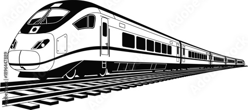High speed train illustration, modern passenger railway transport, sleek bullet train on tracks, black and white line art design