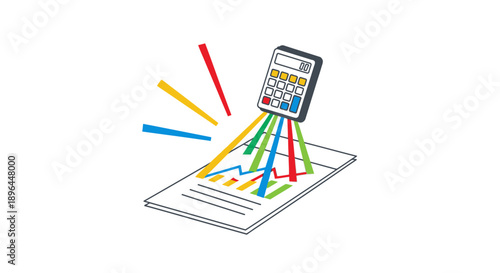 Data Calculation and Financial Analysis Vector Illustration. Calculator Projects Colorful Business Metrics onto Report Document.