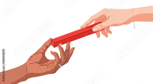 Diverse Hands Passing Red Baton. Concept of Handover, Collaboration, Responsibility Transfer, Relay Race, and Business Partnership Success Vector Illustration.
