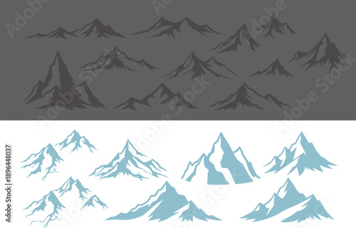 Mountain range silhouettes and stylized blue mountain peaks