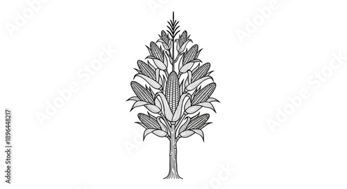Stylized Tree Illustration with Corn Cobs, Organic Growth Symbolism, Nature's Bounty, and Agricultural Abundance