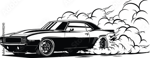 Classic muscle car burnout illustration, vintage American sports car drifting with smoke, black and white automotive line art design
