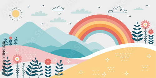 Pastel landscape illustration with rainbow mountains flowers and sunshine background for kids nursery wall art children book cover greeting card and playful design.ai
