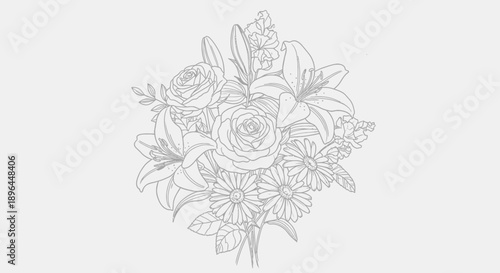 Elegant Line Art Bouquet of Roses and Lilies A Delicate Floral Arrangement Perfect for Celebrations and Special Occasions