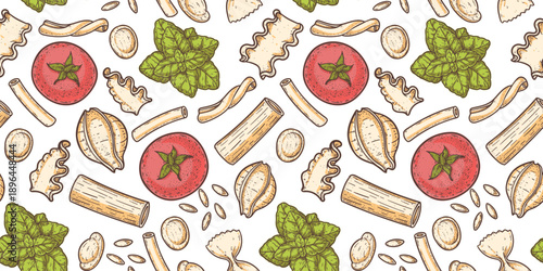 Traditional Italian pasta seamless pattern. Vector drawing. Italian food. Staple food. Hand drawn vector illustration. Design for packaging, menu.