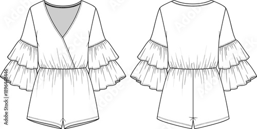 Women's ruffle sleeve romper technical fashion flat sketch, front and back view apparel design illustration vector, template outline