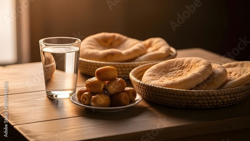 Traditional iftar meal with fresh dates and pita bread on wooden table