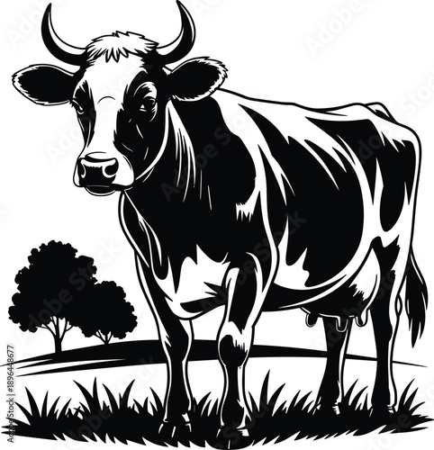 Black and white cow silhouette illustration standing in rural pasture, detailed vector farm animal artwork for agriculture branding, dairy industry designs, and countryside nature projects